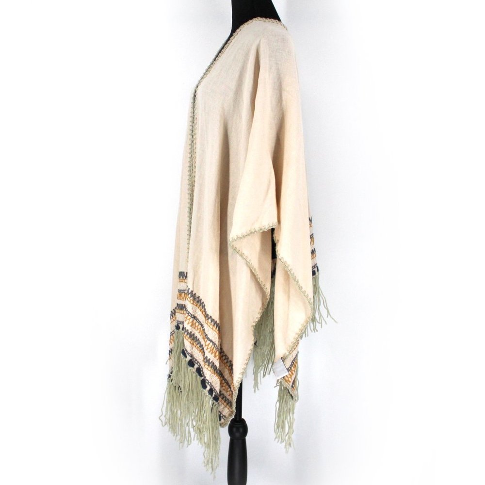 Johnny Was Biya Cream Aro Cotton Linen Embroidered Poncho Wrap Fringe Trim S NEW - Picture 4 of 9